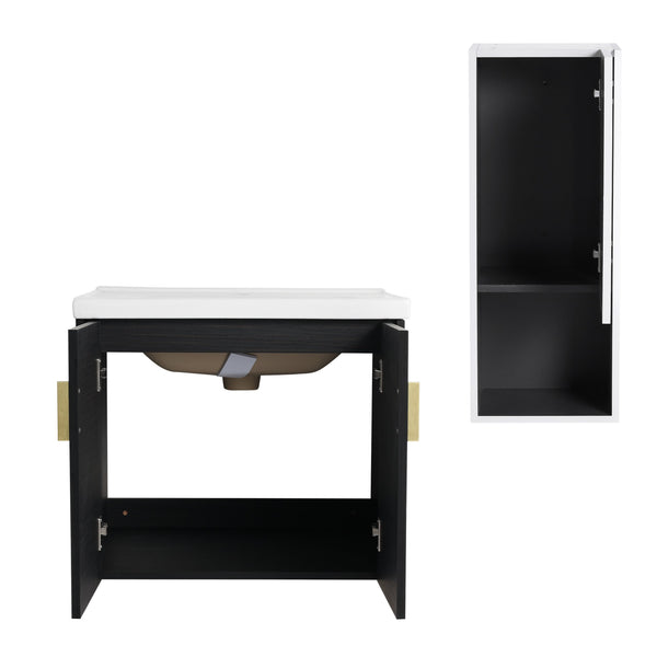 English Elm 24" Wall-Mounted Bathroom Vanity With Ceramic Sink & Side Cabinet - Soft Close Doors, Stylish Storage W999S00328