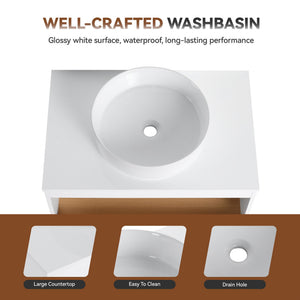 English Elm 30" Floating Wall Mount Bathroom Vanity Open Shelf Ceramic Vessel Sink Modern White W3450S00056