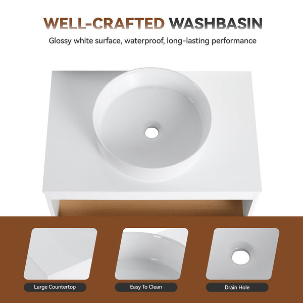 English Elm 30" Floating Wall Mount Bathroom Vanity Open Shelf Ceramic Vessel Sink Modern White W3450S00056