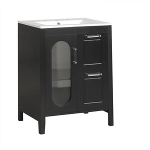 English Elm 24" Modern Bathroom Vanity with Ceramic Sink, Solid Wood & MDF Cabinet, Two Drawers, Shelf Black N725P245273B