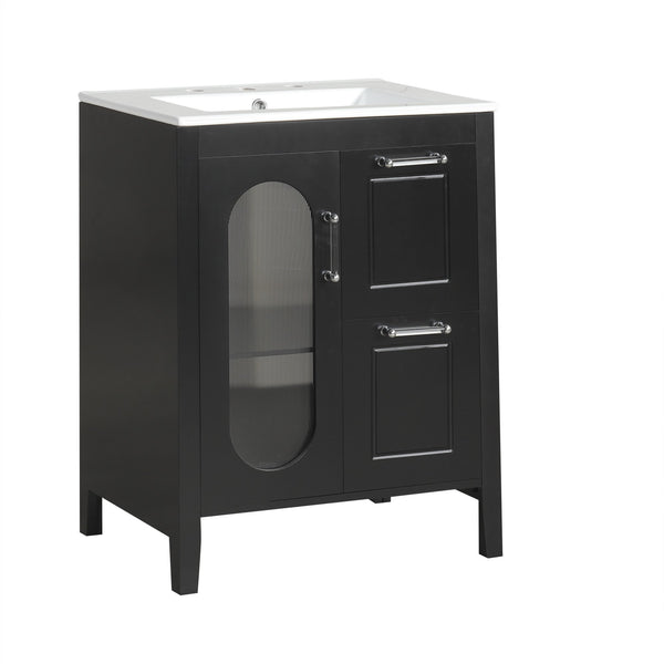 English Elm 24" Modern Bathroom Vanity with Ceramic Sink, Solid Wood & MDF Cabinet, Two Drawers, Shelf Black N725P245273B