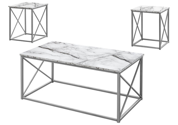 English Elm Table 3-Piece Set with Marble Look Laminate Tops and Grey Metal X Frames for Modern Living Room White 46 L x 25 W x 5 H B2710P219990