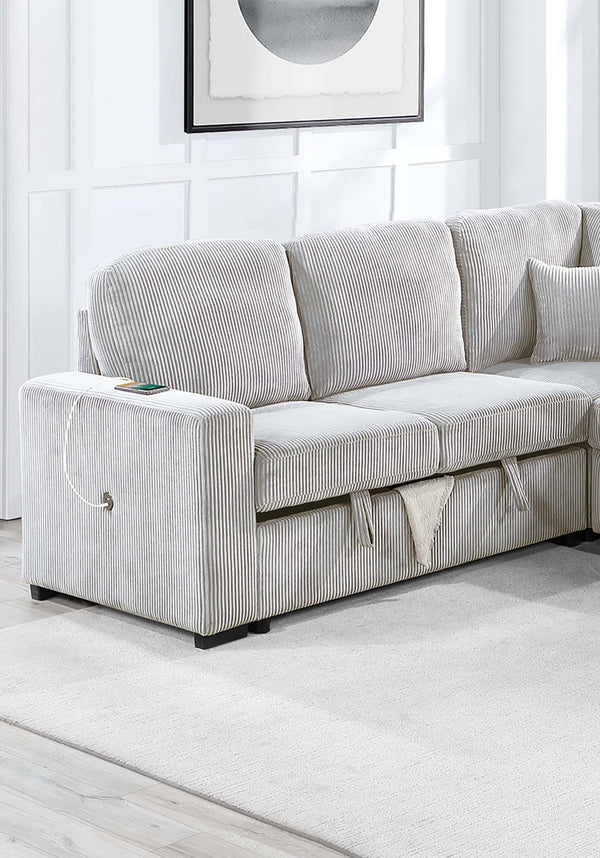 English Elm Modern Corduroy 4-piece Sectional with Storage Pull Out Bed and Usb Charging Port Ivory B011S02179