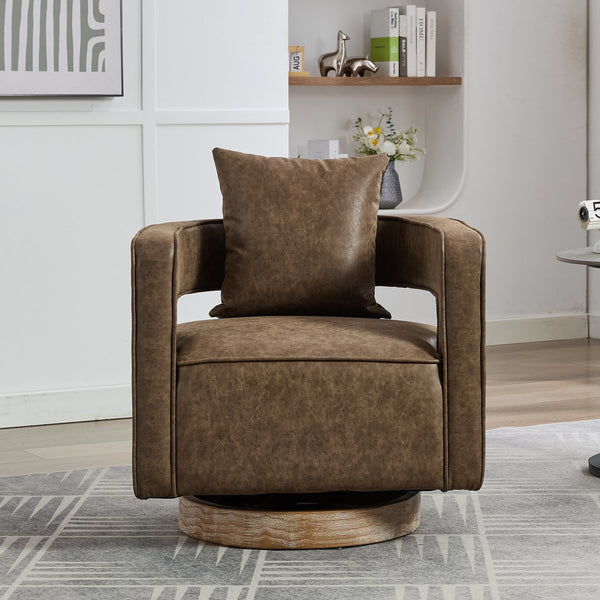 English Elm 28.9"w Swivel Barrel Accent Chair Faux Leather Open Back with Rubberwood Base Coffee W3188P417875