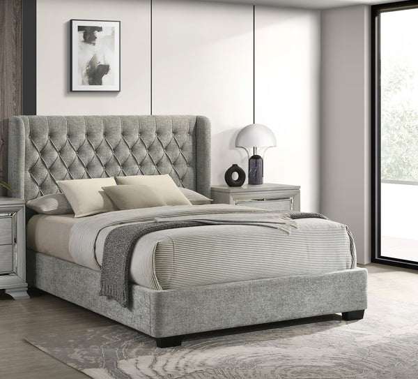English Elm 1Pc Contemporary Upholstered Bed Frame - Tufted Winged Headboard In Soft Gray Tweed For Ultimate Comfort B2741S00256