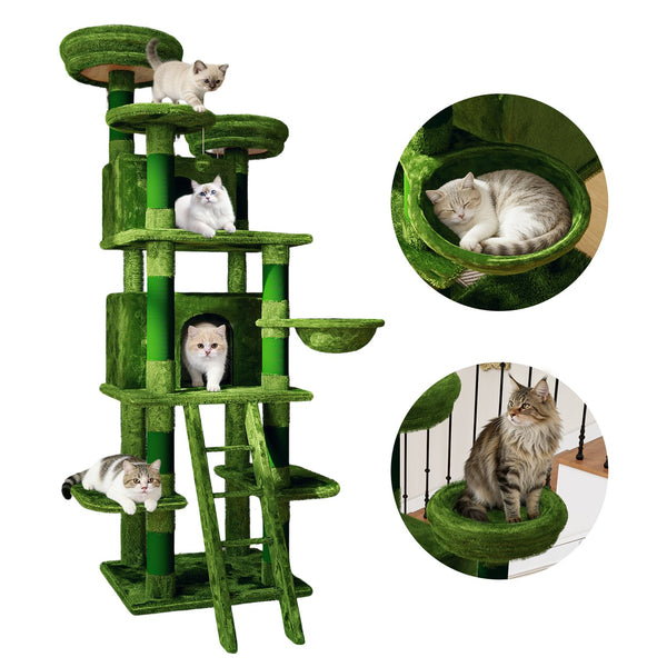 English Elm Large 7 Tier Plush Cat Tree with Dual Condos Hammock Sisal Posts for Multi Cat Homes Green W1578P447622