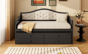 English Elm Twin Daybed with Trundle and 2 Storage Drawers, Upholstered Button-Tufted Sofa Bed for Guest Room Comfort and Organization Black 45.25 L x 19 W x 8 H N733S346767P