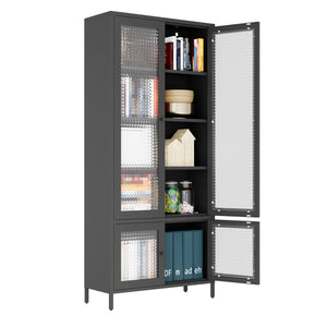 English Elm Large Metal Storage Cabinet with 4 Waffle-Grid Tempered Glass Doors, 5 Shelves, Rust-Resistant Steel Finish W2378P176273