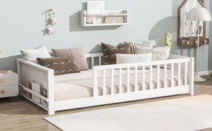English Elm Twin Floor Platform Bed With Built-In Book Rack, Safe Low Profile Design For Cozy Kids' Rooms! W504P345765-GIGA