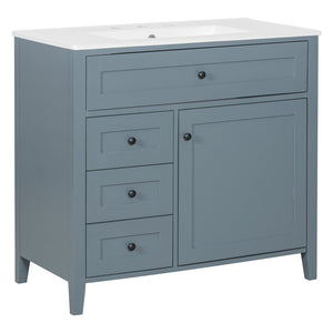 English Elm 36-Inch Blue Gray Modern Bathroom Vanity With Durable Rubberwood Cabinet, Sink & 3 Drawers For Storage N725P350821E