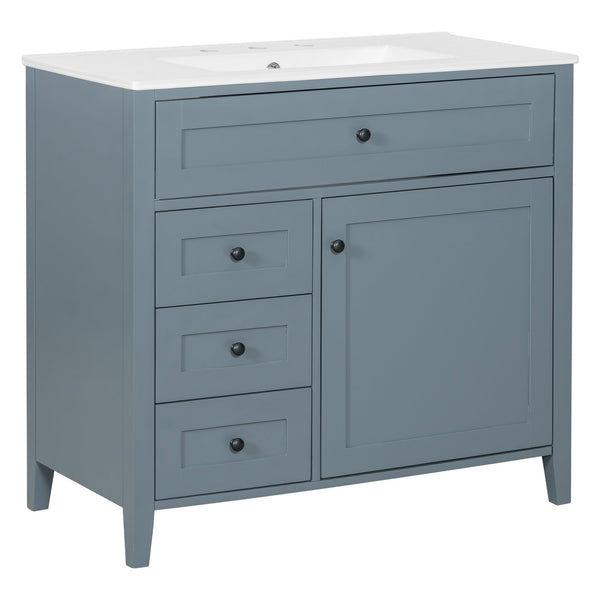 English Elm 36-Inch Blue Gray Modern Bathroom Vanity With Durable Rubberwood Cabinet, Sink & 3 Drawers For Storage N725P350821E