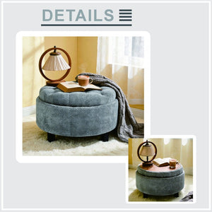 English Elm 25 Inch Round Fabric Pouf Ottoman with Removable Wooden Lid and Hidden Interior Storage Light Grey W5568P461344