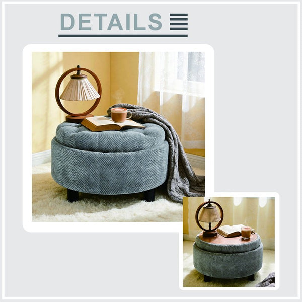 English Elm 25 Inch Round Fabric Pouf Ottoman with Removable Wooden Lid and Hidden Interior Storage Light Grey W5568P461344