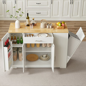 English Elm 53'' Kitchen Storage Islands with Drawers and Trash Can Storage, Modern Farmhouse Design, 53.2"W x 20.9"D x 38.0"H White W1820P281267