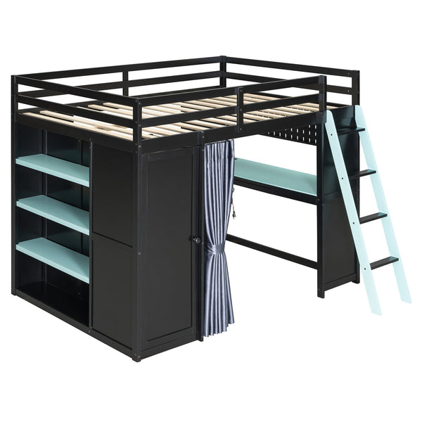 English Elm Full Size Wood Loft Bed with Wardrobe Desk Shelves Rgb Lighting and Blackout Curtains Black+Blue LT000269AAC-1
