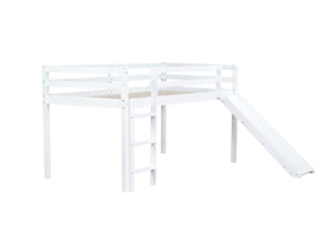English Elm Twin Low Loft Bed with Slide and Ladder for Kids, Rubberwood Frame, Safety Guardrails & Playspace White W504P218525