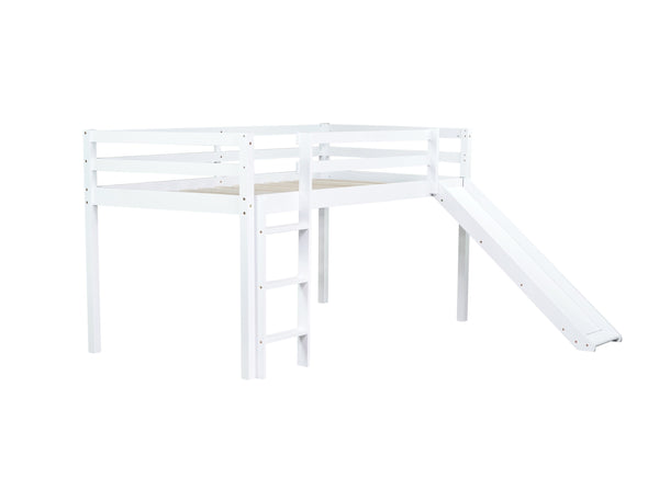English Elm Twin Low Loft Bed with Slide and Ladder for Kids, Rubberwood Frame, Safety Guardrails & Playspace White W504P218525