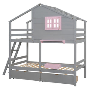 English Elm Twin Playhouse Bunk Bed Pinewood Frame with Pitched Roof Window Shelf and Storage Drawers Gray LT001608AAE-1