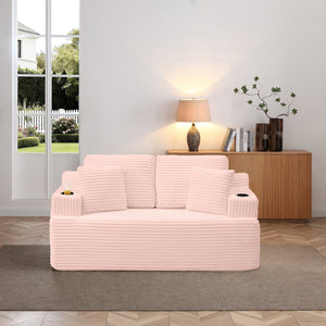 English Elm 66.5''boneless Floor Sofa Corduroy Two Seater with Cup Holders and Pockets for Apartments Pink W1117P427678