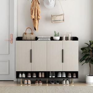 English Elm Sideboard,shoe Cabinet Four Door Entryway Organizer with Adjustable Shelves Modern Black W1321S00042