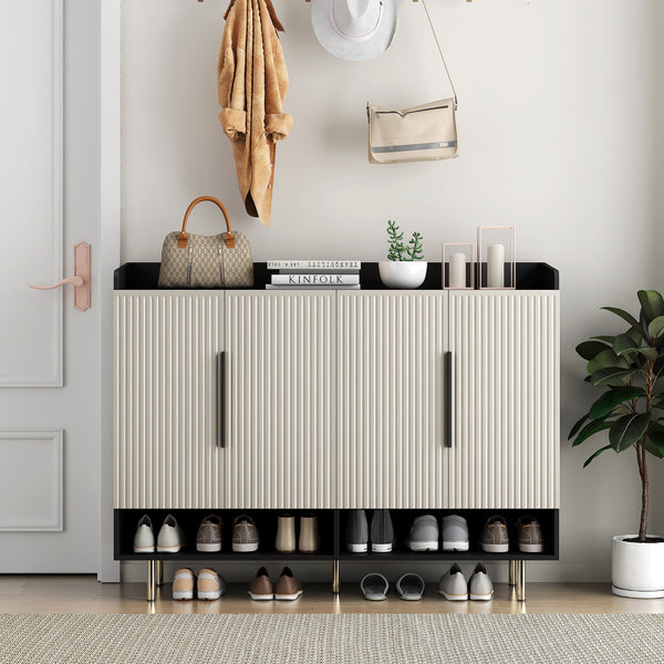 English Elm Sideboard,shoe Cabinet Four Door Entryway Organizer with Adjustable Shelves Modern Black W1321S00042