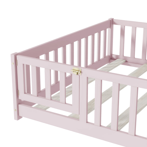 English Elm Full Size Rubberwood Floor Bed with Safety Guardrails and Latching Door for Toddlers Pink W504P429304
