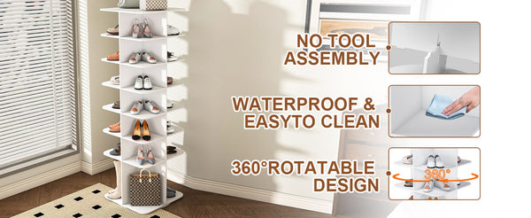 English Elm Rotating Shoe Rack Tower - 7-Tier 360° Spinning Organizer For 28 Pairs, Space-Saving Design In White W2699P270167-GIGA