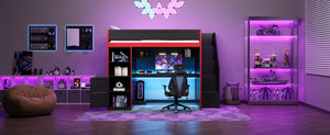 English Elm Gaming Full Loft Bed with Built-in Desk Led Lights and Storage for Teen Rooms N709P004103J