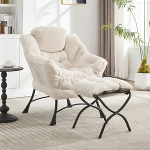 English Elm Lazy Chair Plush Ottoman Lounge Chair with Ergonomic Back, Side Pocket, Steel Frame Comfort White W640P271553