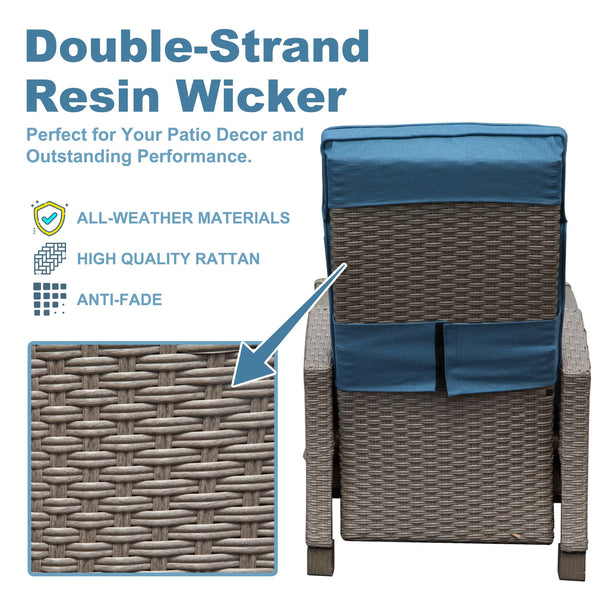 English Elm Outdoor Recliner Chair with Hand‑Woven Resin Wicker, Built‑In Flip Table, Thick Cushions, 150° Recline Blue W1859P196402
