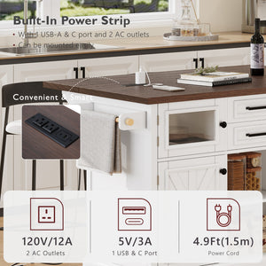 English Elm K&K 54.9" Farmhouse Kitchen Island Cart with Drop Leaf, Charging Station, Barn Doors & Glass Pane White N707P300277W