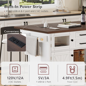 English Elm K&k Farmhouse Rolling Kitchen Island with Barn Doors Power Outlet and Drop Leaf White N707S300277W