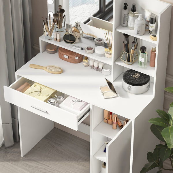 English Elm Vanity LED Mirror Dressing Table with 12 Bulbs, Adjustable 3-Mode Brightness and Large Drawer Storage White W3457P336676