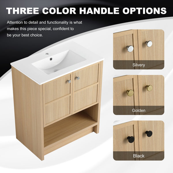 English Elm 30" Freestanding Bathroom Vanity with Ceramic Sink, Oak Plywood Finish, Soft-Closing Doors, Open Shelf W1972S00024