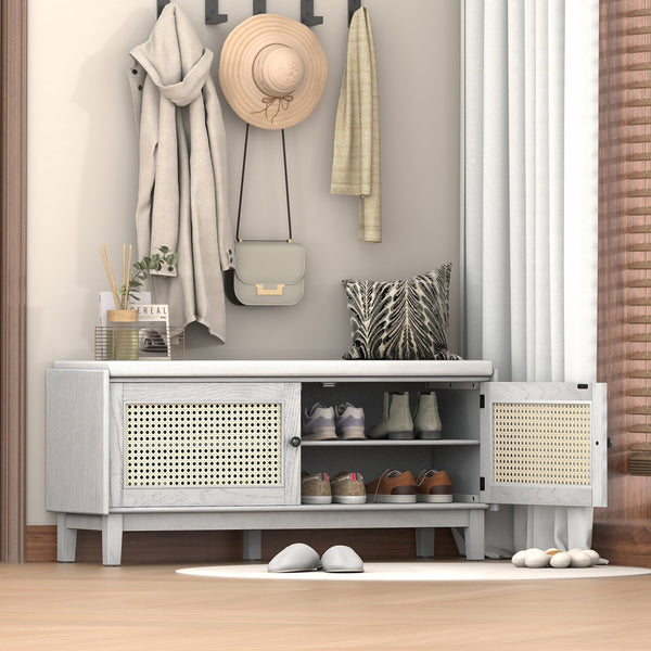 English Elm Trexm Bohemian Rattan Storage Bench Cushioned Seat Shoe Cabinet for Entryway Beige,Gray Wash N715P308012E