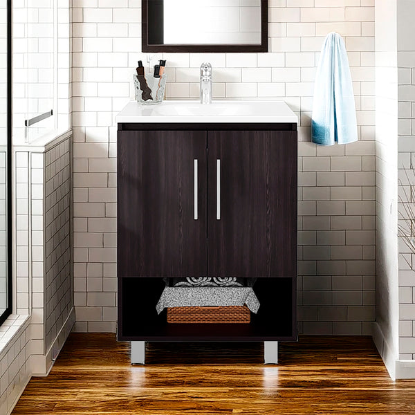 English Elm Conrad Black Resin Sink Vanity with Single Door Cabinet and Open Shelf — Modern Compact Bathroom Elegance B070P368088