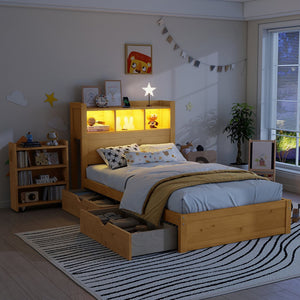 English Elm Twin Wood Storage Bed with Led Headboard Drawers and Pull Out Cabinet for Kids Natural W2593S00049