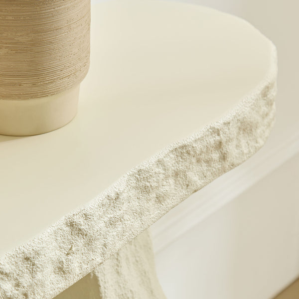 English Elm 53.94 Inch Sculptural Fiberglass Console Table with Stone Look Pillar Legs for Entryway W2582S00199