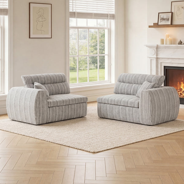 English Elm Chenille Stripe Velvet Sofa Three Seat Minimalist Upholstered Couch for Living Room Soft White,Taupe W5532S00014