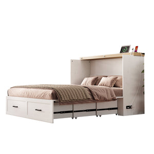 English Elm Queen Murphy Cabinet Bed Rustic Grey Farmhouse Style with Charging Station Storage W5271S00002