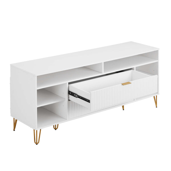 English Elm Dumbo 63" Fluted Media Console with Gold Legs, 2 Drawers, 6 Shelves & Wire Management Elegance White B365P397904