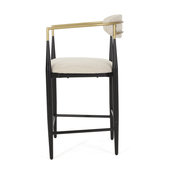 English Elm Counter Stools Set of Two Matte Black Iron Frames Gold Trim Upholstered Seats N771P249370A