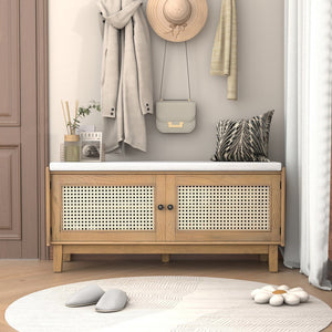 English Elm Trexm Bohemian Rattan Storage Bench Cushioned Seat Shoe Cabinet for Entryway N715P308012D