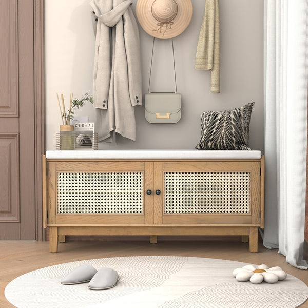 English Elm Trexm Bohemian Rattan Storage Bench Cushioned Seat Shoe Cabinet for Entryway N715P308012D