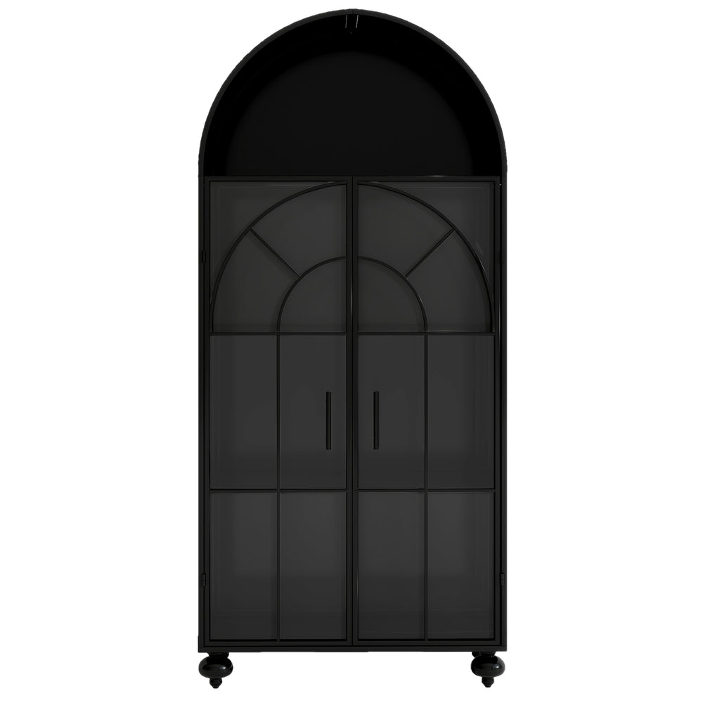 English Elm Modern Arched Storage Cabinet Antique Black Steel & Tempered Glass Doors Industrial Farmhouse Display W3122P272652