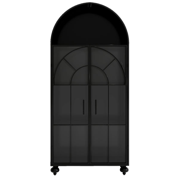 English Elm Modern Arched Storage Cabinet Antique Black Steel & Tempered Glass Doors Industrial Farmhouse Display W3122P272652