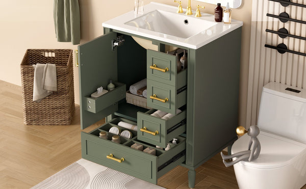 English Elm 24" Olive Bathroom Vanity Solid Wood Frame Ceramic Sink Gold Hardware Soft Close Olive Green N729P373272F