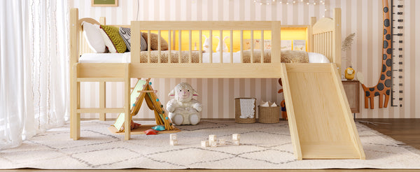 English Elm Twin Low Loft Bed Solid Pine Frame with Built-in Led Lighting and Storage Shelves Natural W1580P395930