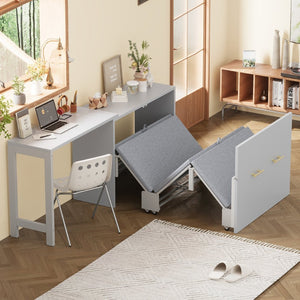 English Elm Twin Size Murphy Cabinet Bed With Adjustable Desk - Space-Saving Gray Chest Dresser For Guests N733P272603E-GIGA