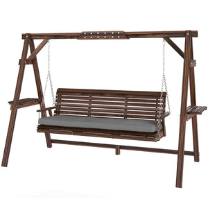 English Elm Chic Fir Wood Porch Swing Seat for Three with Side Trays and Adjustable Chain Brown,Carbon T3971P466694